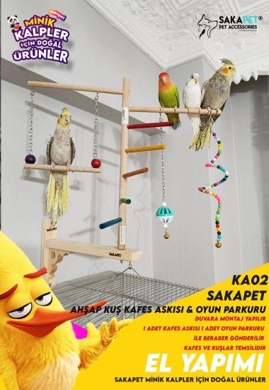 SAKAPET Dekoratif Ahşap Kuş Kafes Askısı Ve Oyun Parkuru